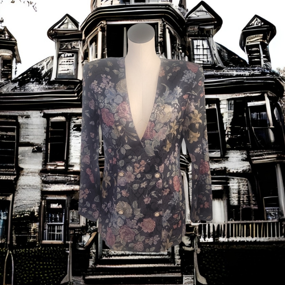 Scarlett Floral Blazer in Navy with Pink and Gold Accents